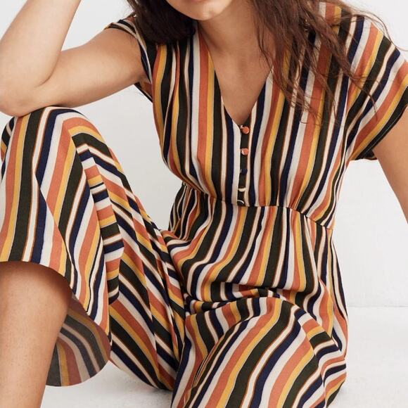 MADEWELL V-Neck Button-Front Jumpsuit  Rainbow Stripe Mavis Multi Stripe Bone 6 - Picture 1 of 9